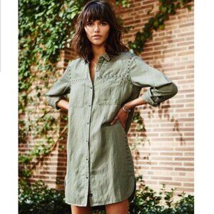 Rails Women’s Long Sleeve Army Green Button Down Shirt Dress Studded Size Small